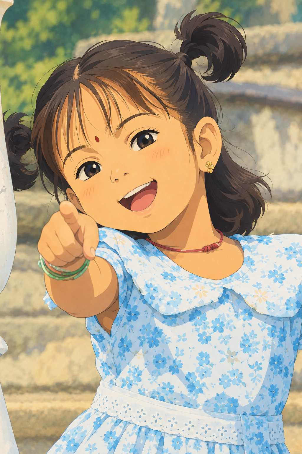 A cheerful anime-style illustration of a little girl in a blue floral dress, pointing and smiling